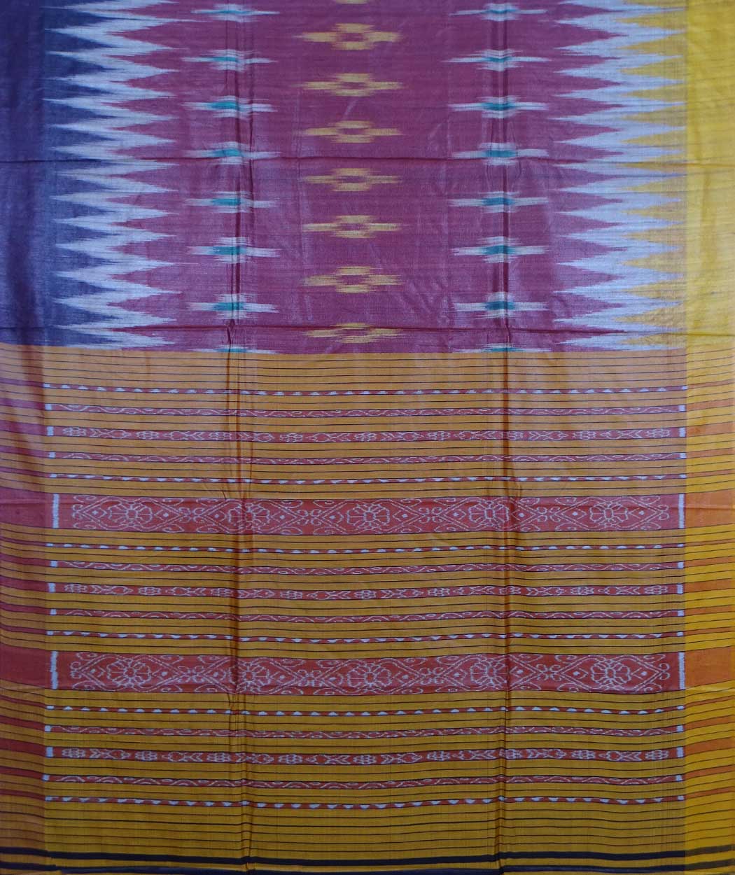 Maroon, yellow & blue colour handwoven tussar silk saree