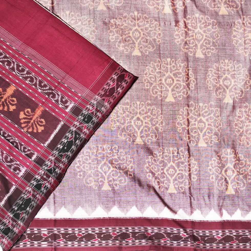 Beige and Chocolete Brown Sambalpuri Handwoven Cotton Saree 1