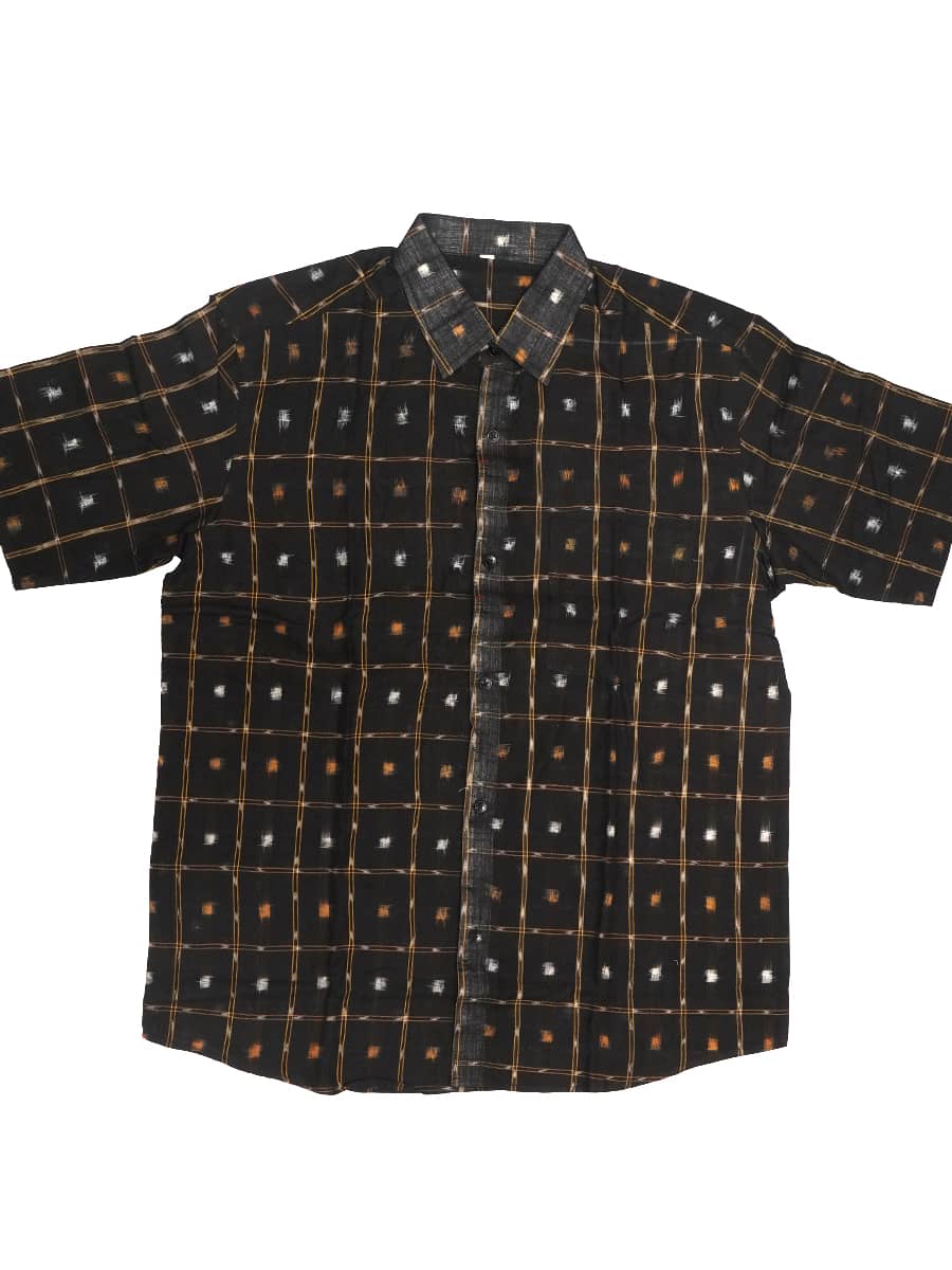 Black Checkered Printed Half-sleeve Sambalpuri Cotton Shirt 2