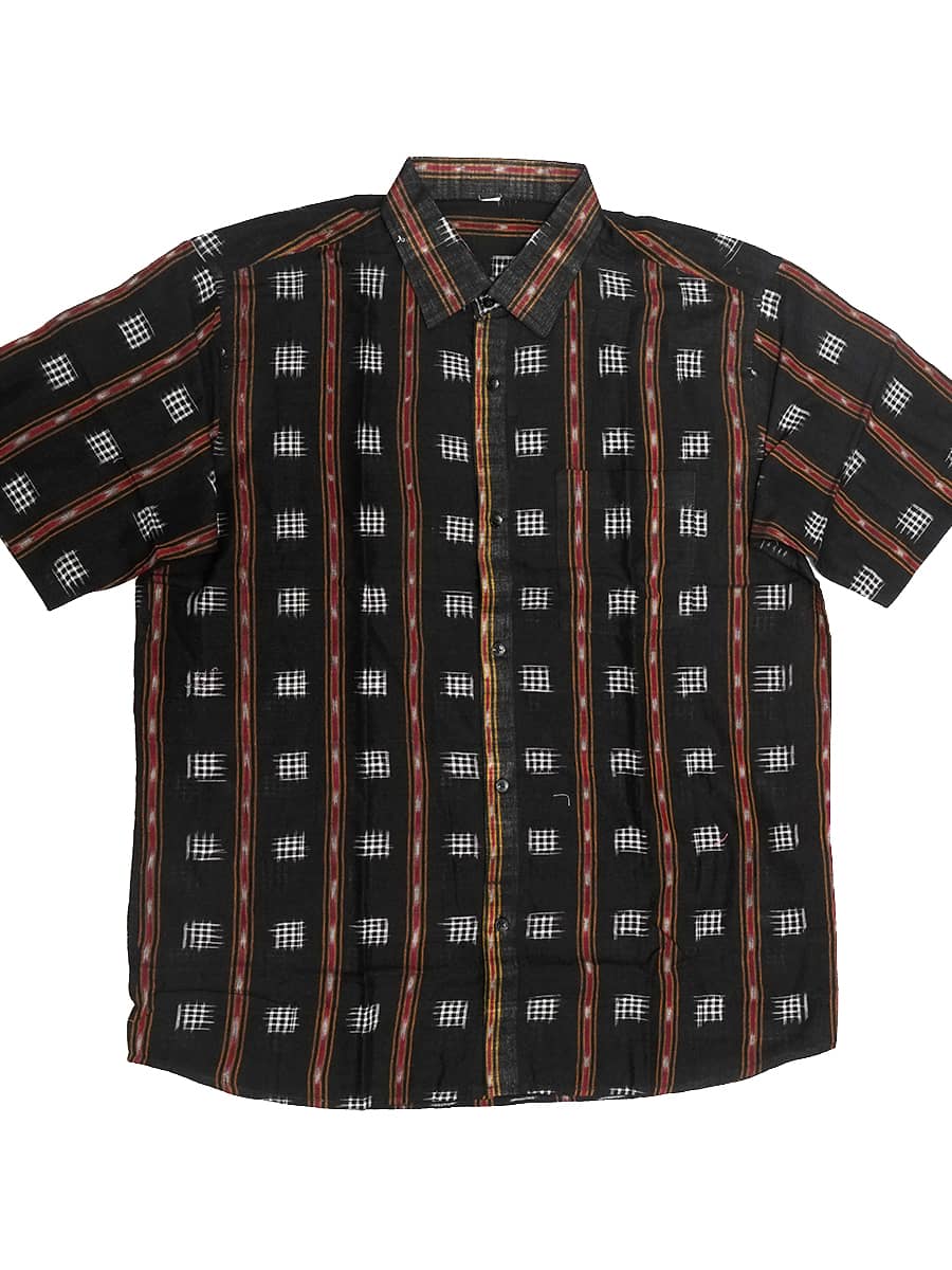 Black - White self Design Sambalpuri Cotton Half Shirt2