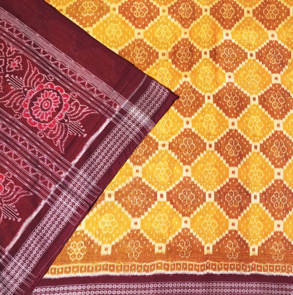 Bright Yellow and Deep Purple Sambalpuri Handwoven Cotton Saree 1