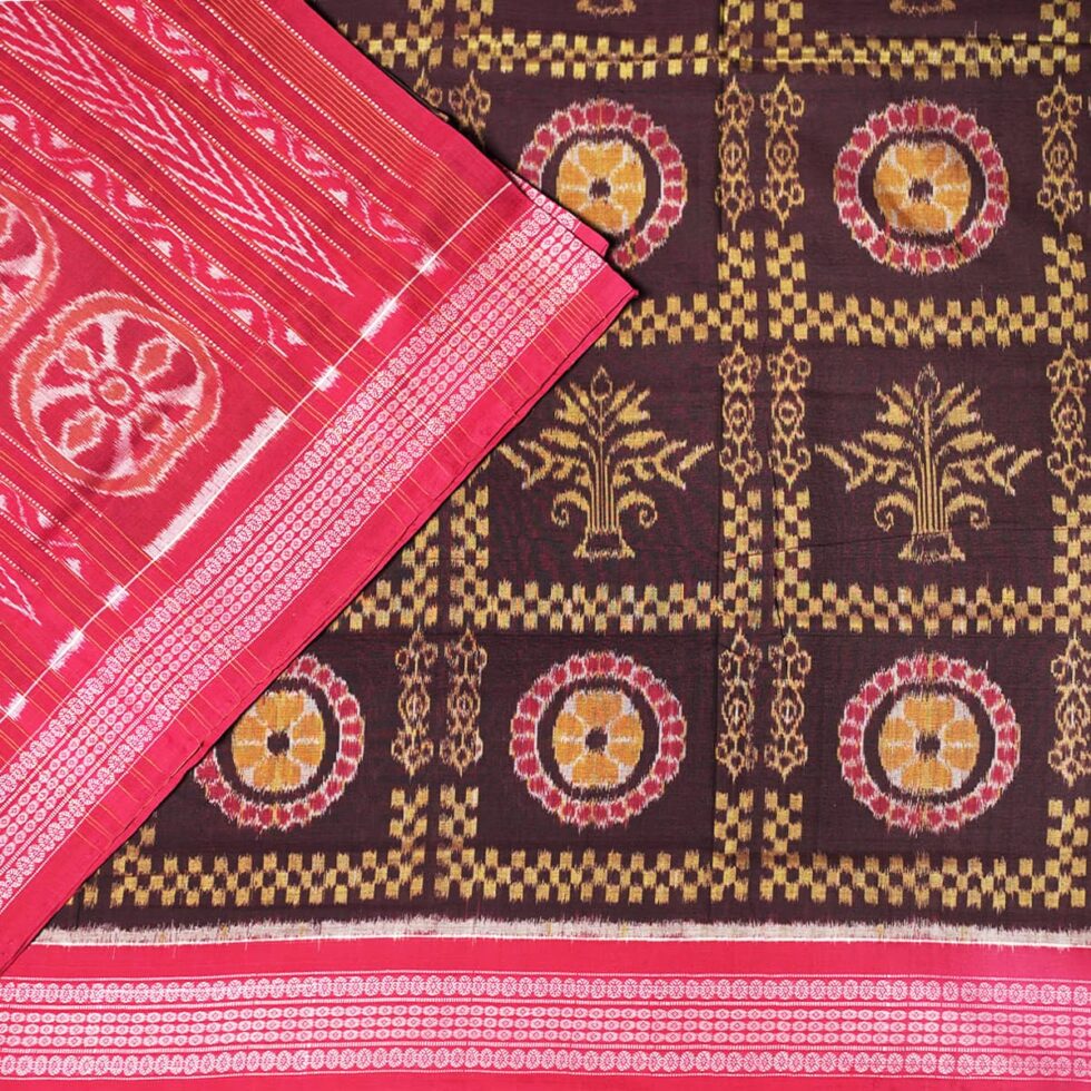 Coffee Brown and Maroon Sambalpuri Handwoven Cotton Saree 1