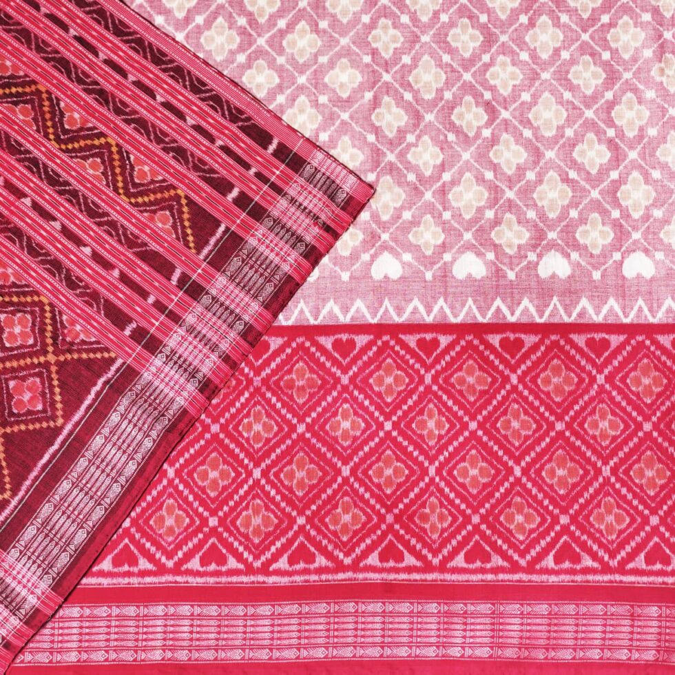 Criss Cross Blossom Sambalpuri Cotton Saree in Red and Pink 1