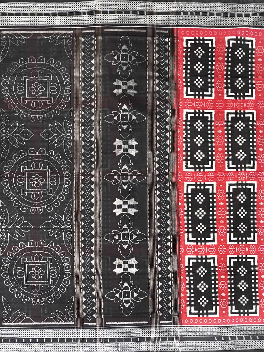 Ebony Brick and Crimson Ikat Sambalpuri Cotton Saree 3