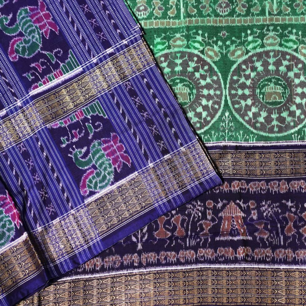 Green and Navy Blue Sambalpuri Handwoven Cotton Saree 4