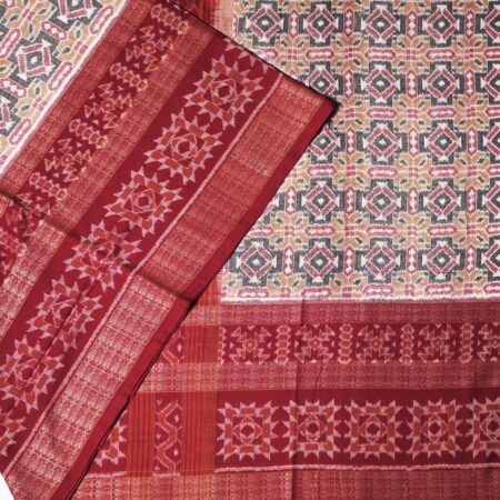 Grey, Beige, and Red Sambalpuri Handwoven Cotton Saree 1