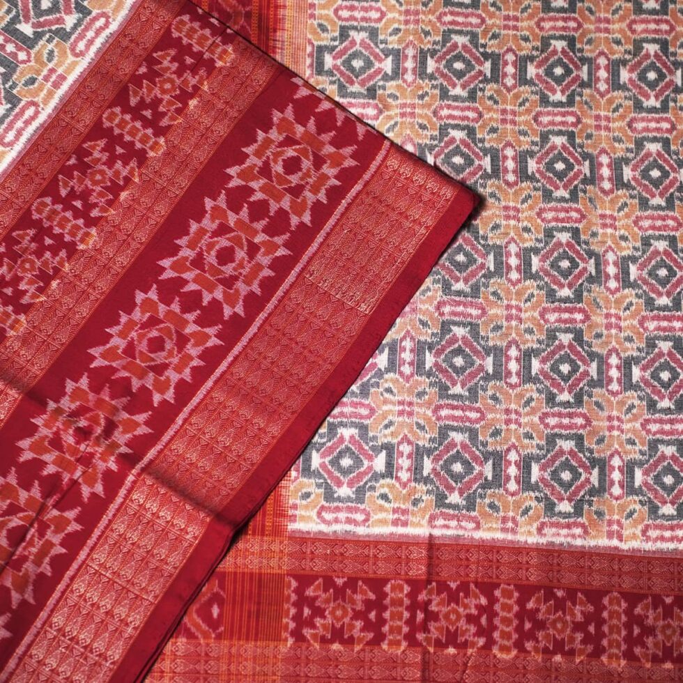 Grey, Beige, and Red Sambalpuri Handwoven Cotton Saree 4