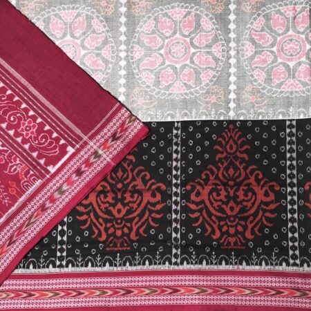 Grey, Black and Red Sambalpuri Handwoven Cotton Saree 1