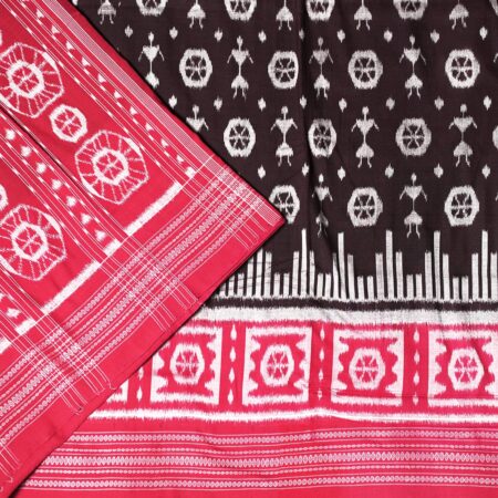 Hickory Brown and Red Sambalpuri Handwoven Cotton Saree 1