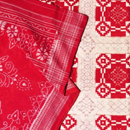 Ivory and Red Sambalpuri Handwoven Cotton Saree 1