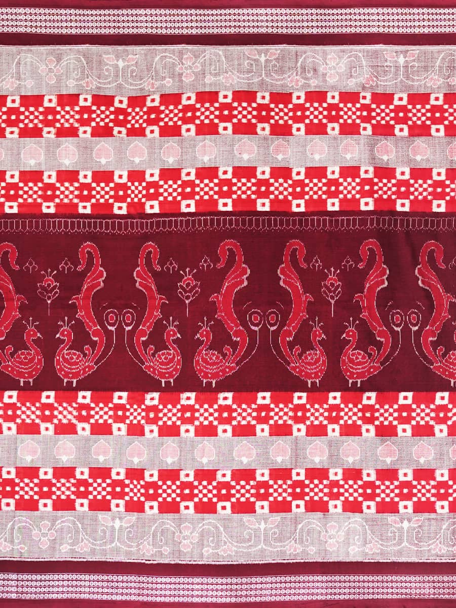 Marooned Ash Red and white Pasapalli Dream Sambalpuri Ikat Cotton Saree 2