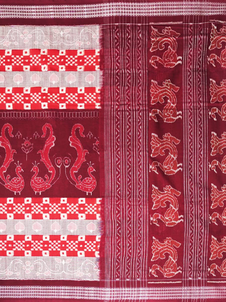 Marooned Ash Red and white Pasapalli Dream Sambalpuri Ikat Cotton Saree 3