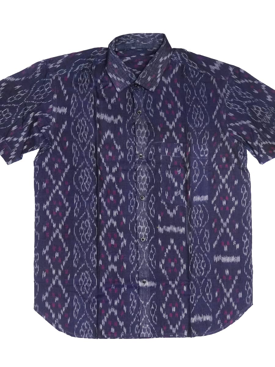 Navy Blue Floral Embroided Half-sleeve Sambalpuri Cotton Shirt 2