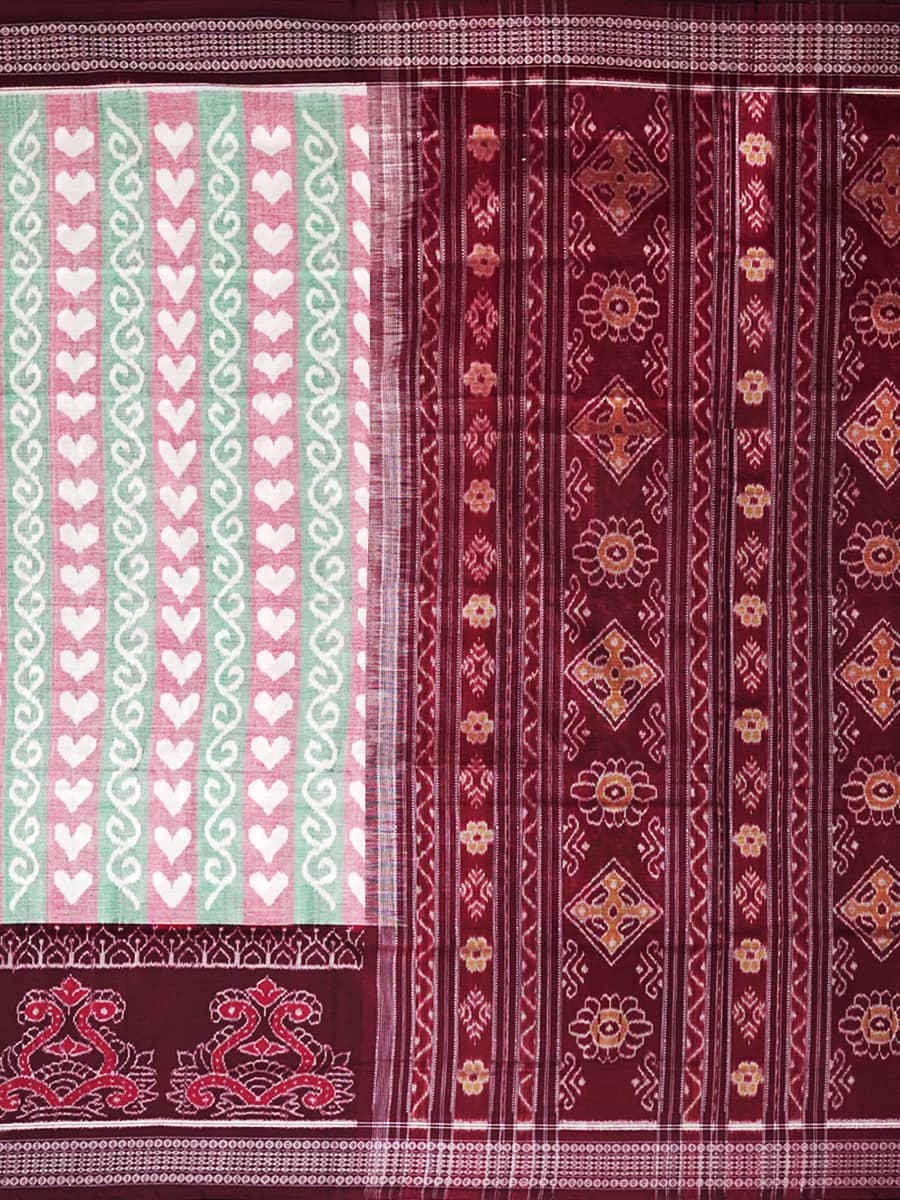 Pastel Pink-Green and Maroon Sambalpuri Handwoven Cotton Saree 3