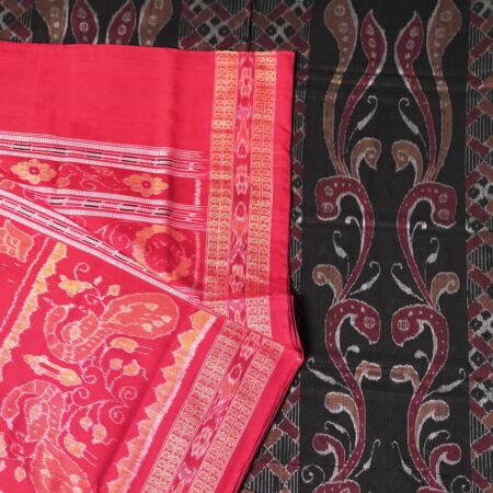 Peacock Mirage red and Charcoal Bloom Sambalpuri Cotton Saree 1