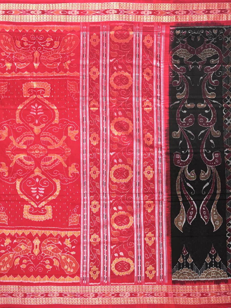 Peacock Mirage red and Charcoal Bloom Sambalpuri Cotton Saree 3