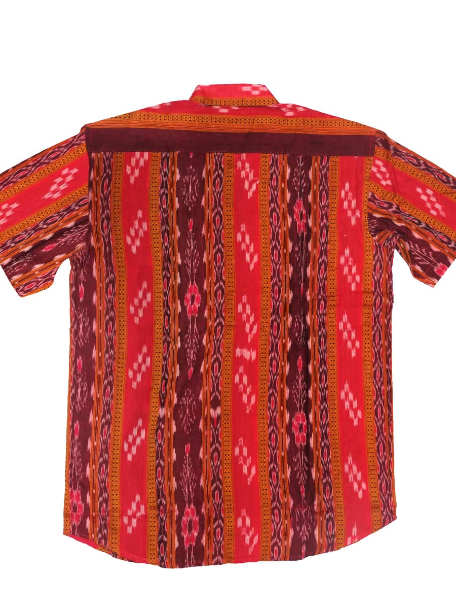 Red-Maroon Floral Striped Sambalpuri Cotton Half Shirt3