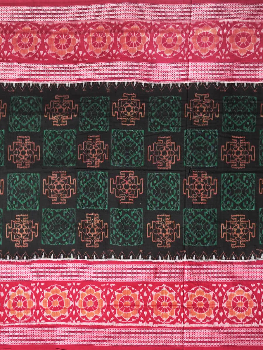 Rich green, Black and burgundy Sambalpuri Handwoven Cotton Saree 2