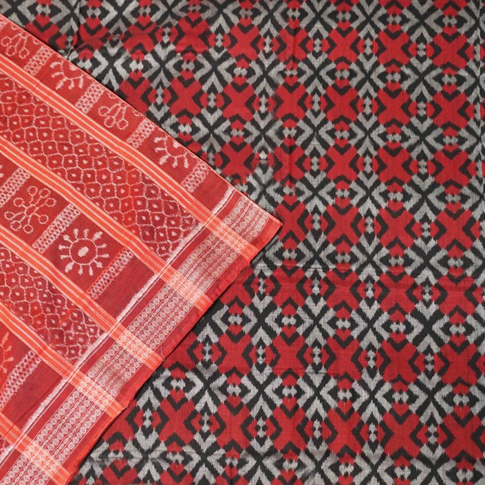 Shadowed Geometry Sambalpuri ikat Saree with Red and Grey Tones 1