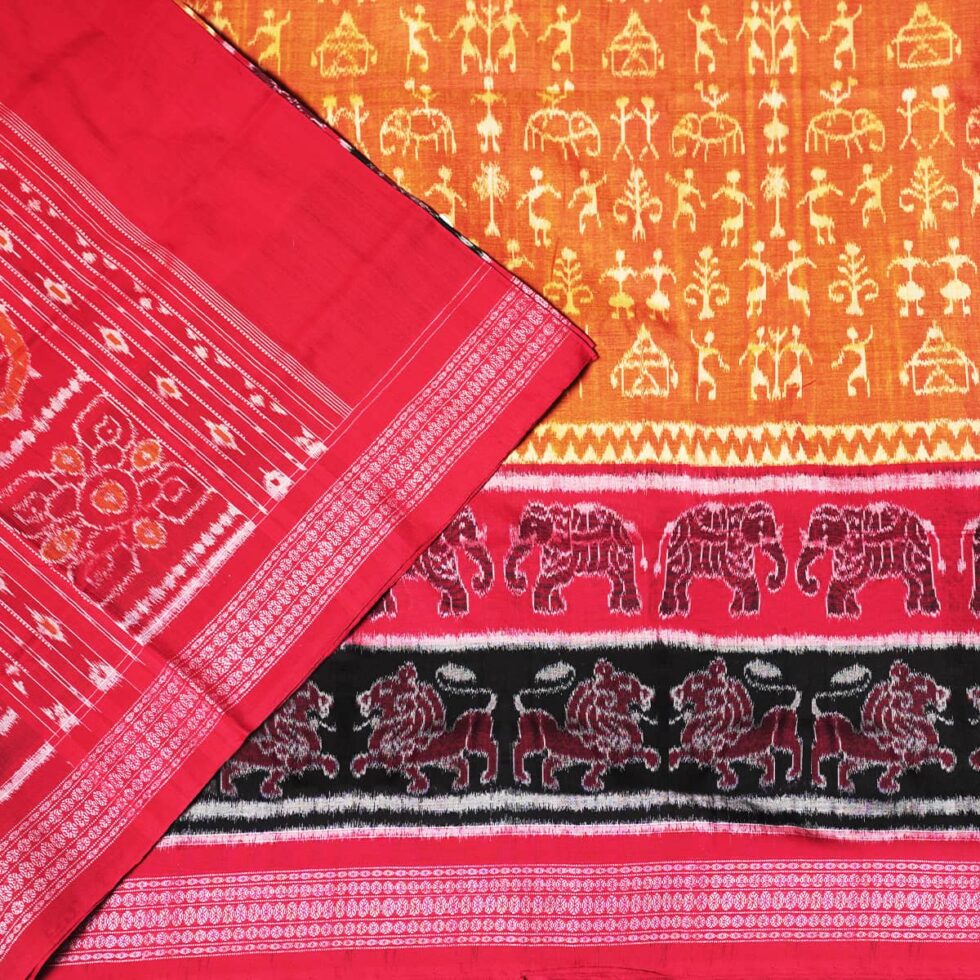 Tribal Rhythm Sambalpuri Cotton Saree in Red and Black 1