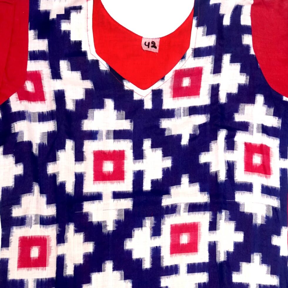 White, Red and Blue Sambalpuri handwoven cotton Kurti 1