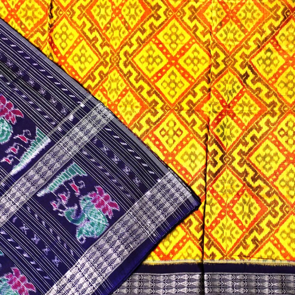 Yellow and Dark Blue Sambalpuri Handwoven Cotton Saree 1