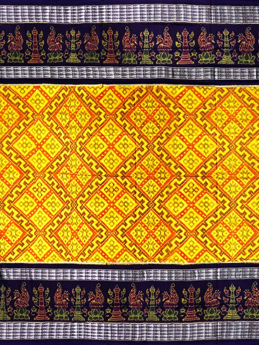 Yellow and Dark Blue Sambalpuri Handwoven Cotton Saree