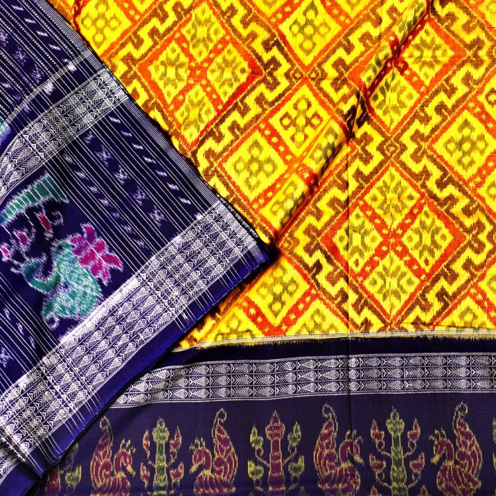 Yellow and Dark Blue Sambalpuri Handwoven Cotton Saree 4