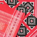 Apple Red, White and Black Sambalpuri Handwoven Cotton Saree Pasa 1