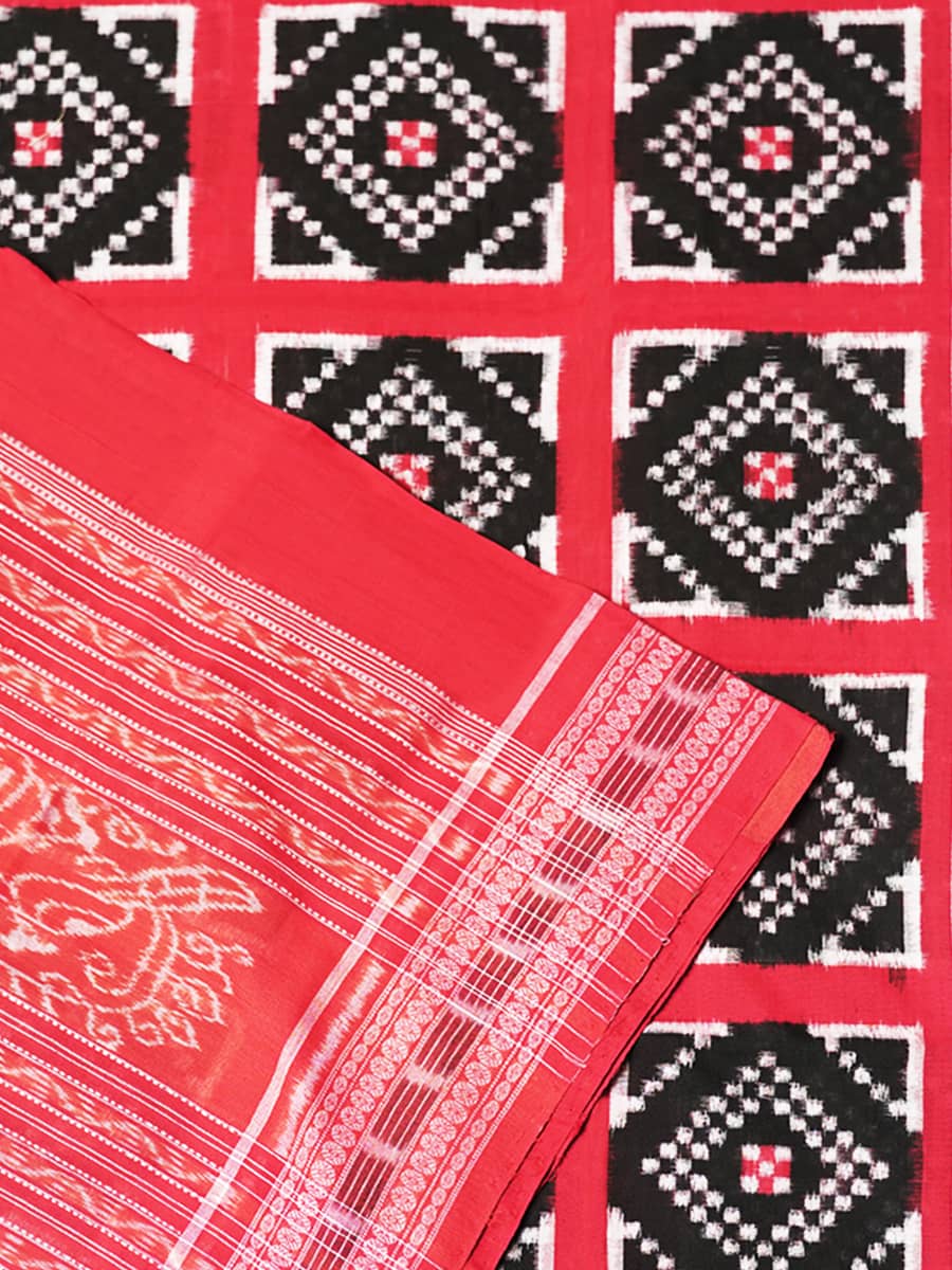 Apple Red, White and Black Sambalpuri Handwoven Cotton Saree Pasa 3