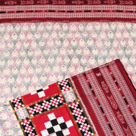 Beige, Red, and Maroon Sambalpuri Handwoven Cotton Saree Pasa 1