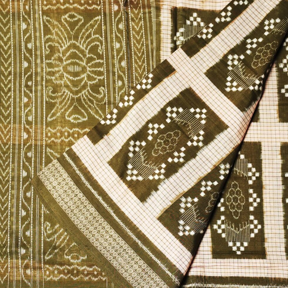 Beige and Olive Green Sambalpuri Handwoven Cotton Saree Pasa 1