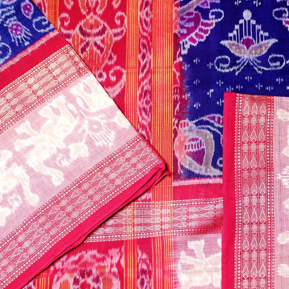 Blue, Pastel Pink, and Red Handwoven Sambalpuri Handwoven Cotton Saree 1