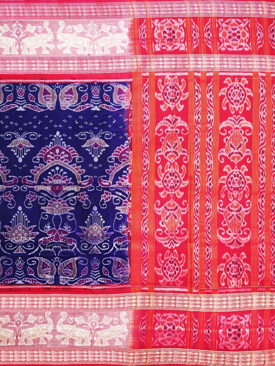 Blue, Pastel Pink, and Red Handwoven Sambalpuri Handwoven Cotton Saree 3