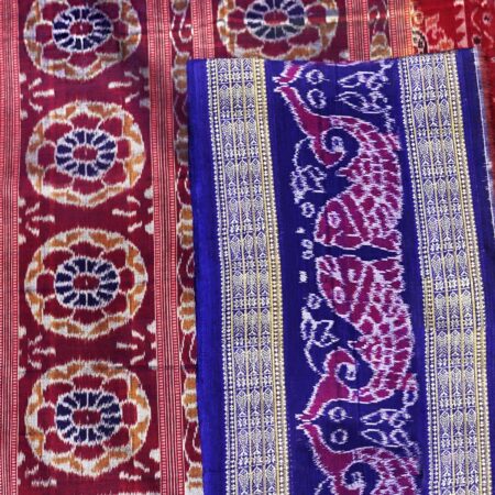 Brick Red and Royal Blue Sambalpuri Handwoven Cotton Saree 1