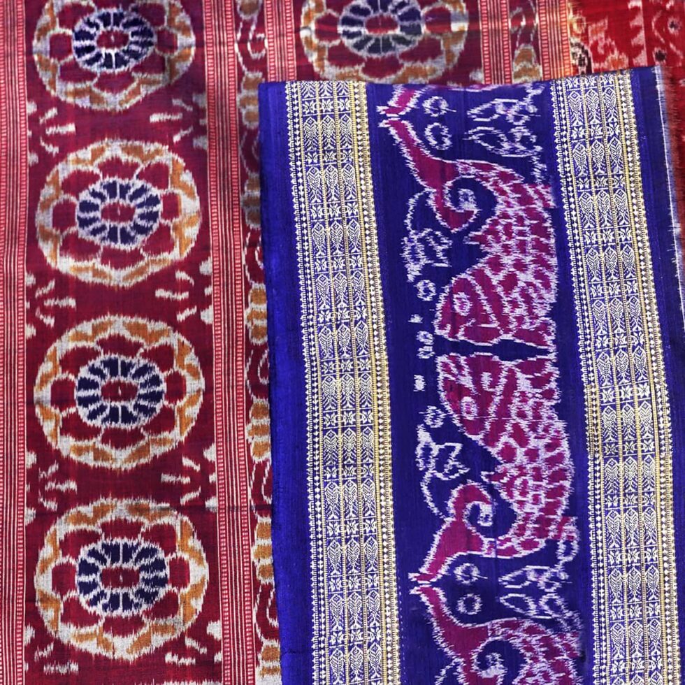 Brick Red and Royal Blue Sambalpuri Handwoven Cotton Saree 1