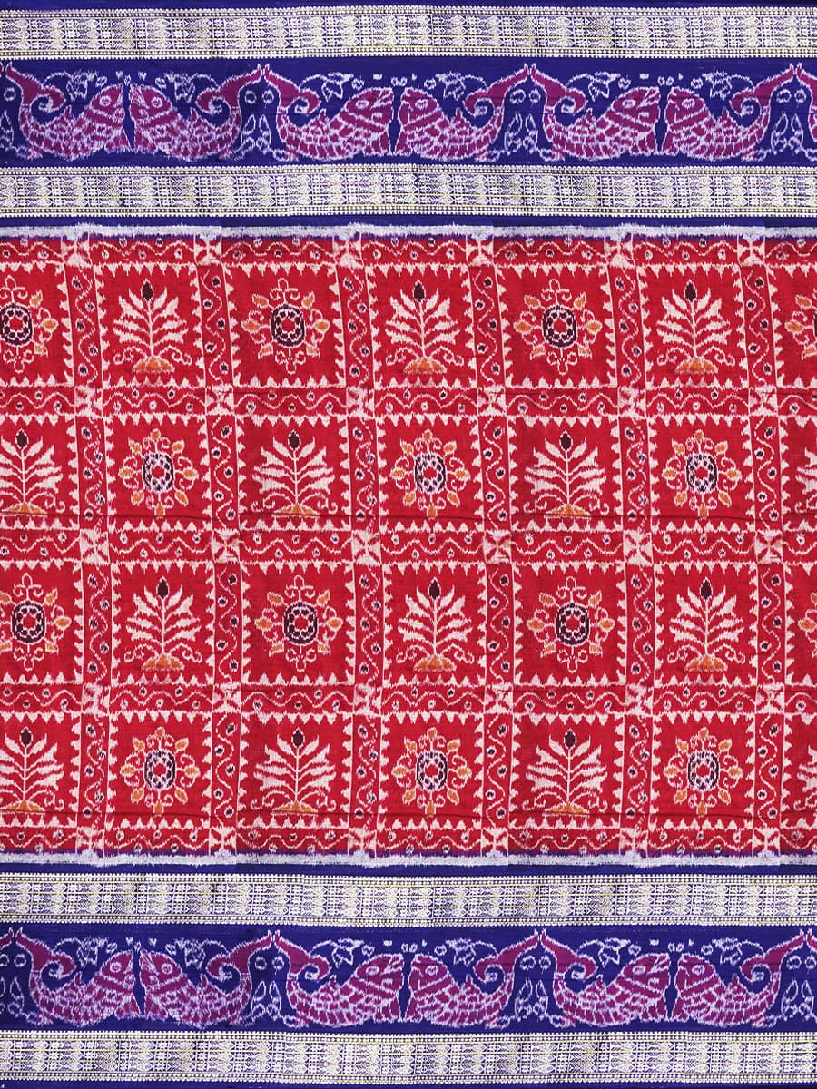 Brick Red and  Royal Blue Sambalpuri Handwoven Cotton Saree