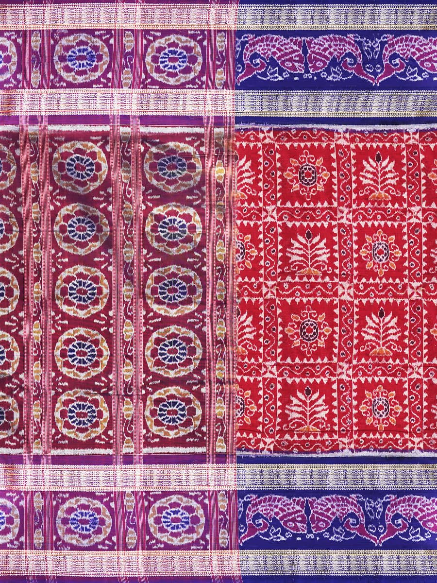 Brick Red and Royal Blue Sambalpuri Handwoven Cotton Saree 3