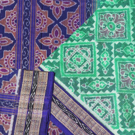 Green, Royal Blue, and Red Pasa Sambalpuri Handwoven Cotton Saree 1