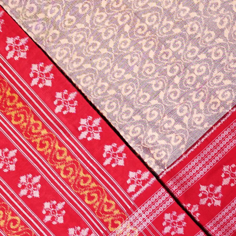 Grey and Crimson Red Sambalpuri Handwoven Cotton Saree 1