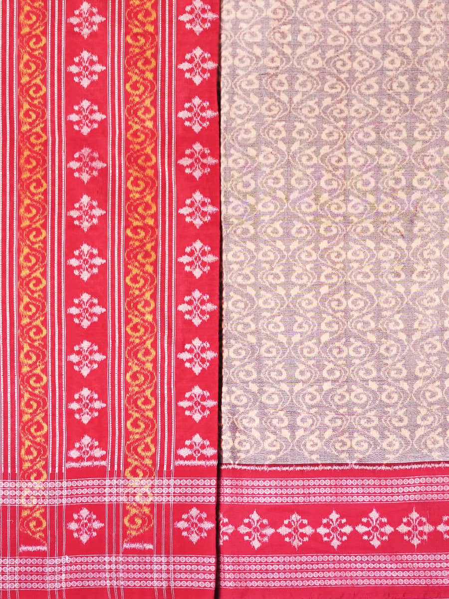 Grey and Crimson Red Sambalpuri Handwoven Cotton Saree 3