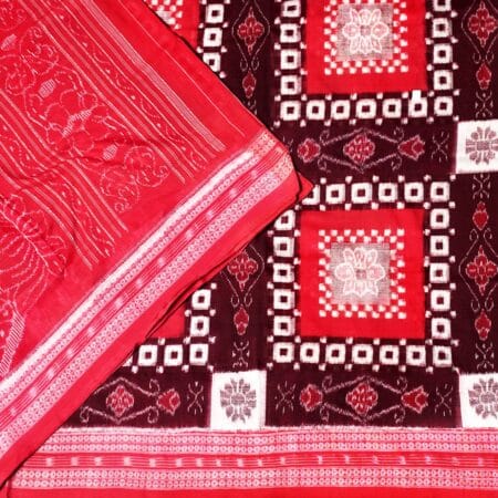 Ivory Red Maroon Squarescape Sambalpuri Handwoven Cotton Saree 1