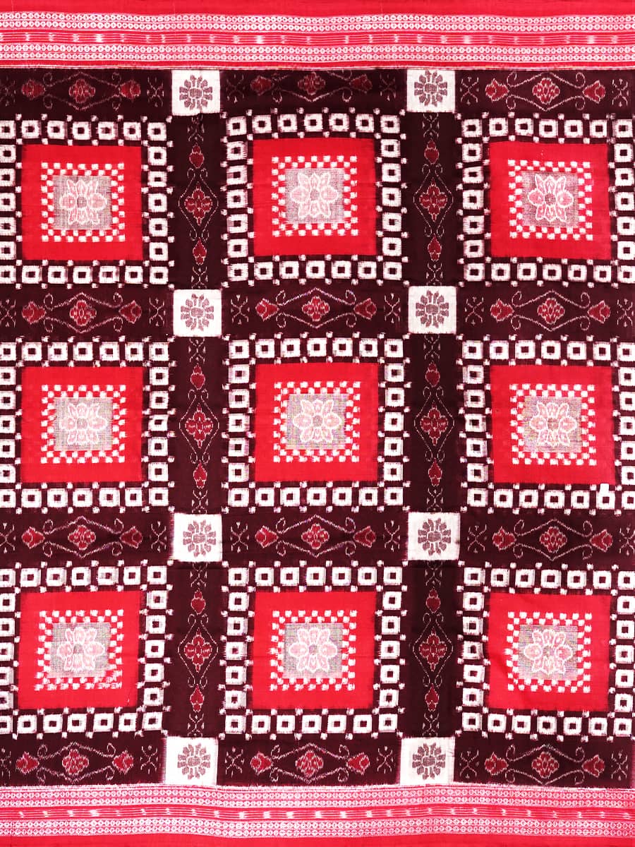 Ivory Red Maroon Squarescape Sambalpuri Handwoven Cotton Saree 2