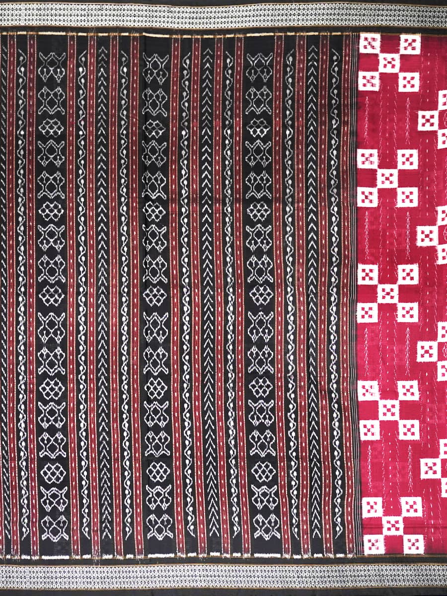 Maroon, White and Black Pasa Sambalpuri Handwoven Cotton Saree 3