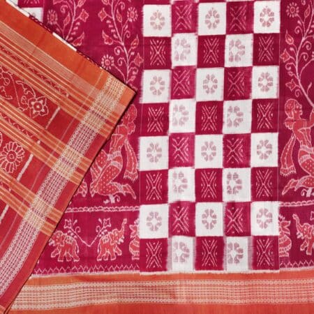 Maroon, White and Brown Sambalpuri Handwoven Cotton Saree 1