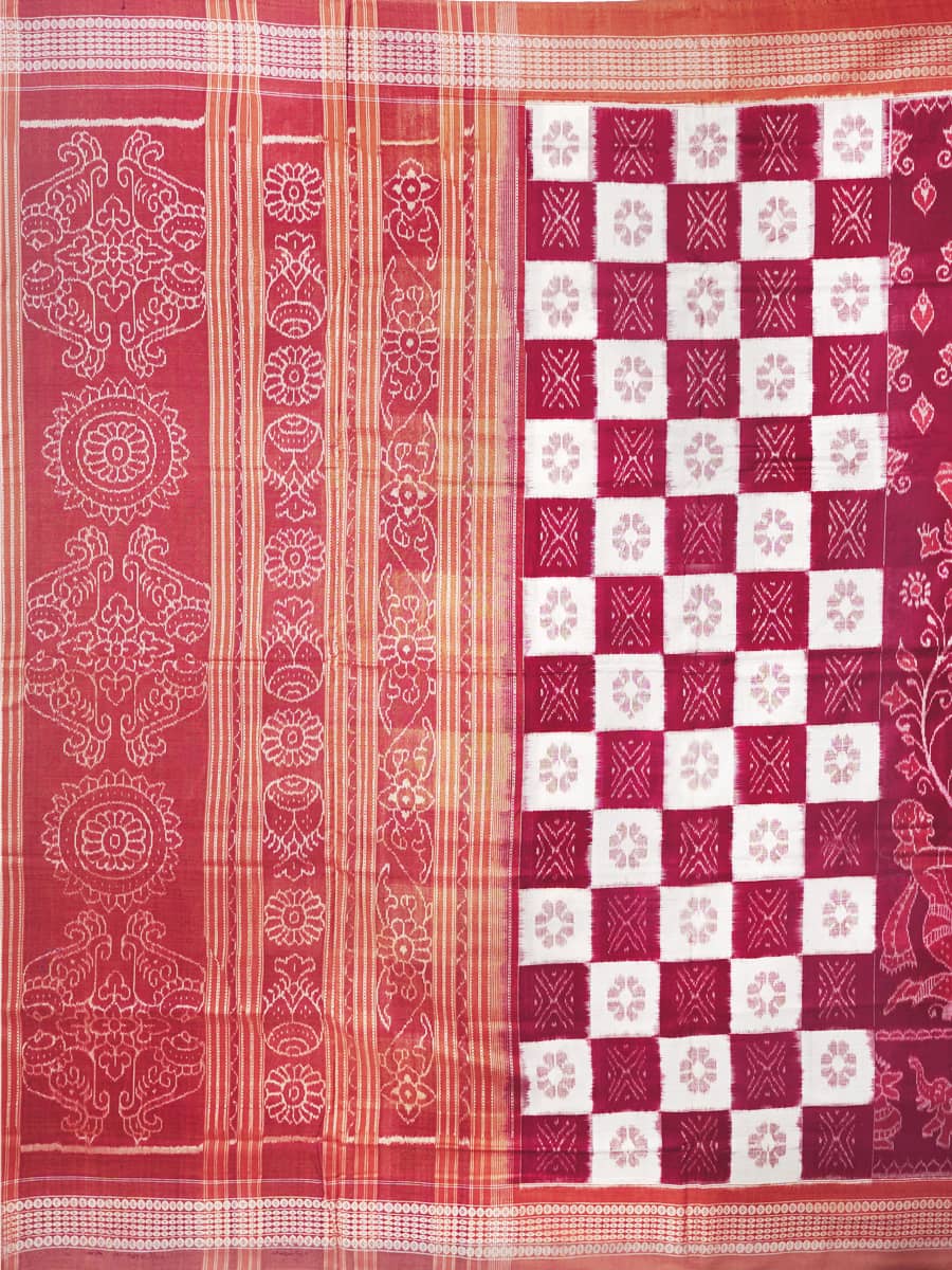 Maroon, White and Brown Sambalpuri Handwoven Cotton Saree 3