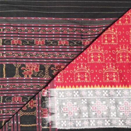 Neon Red, Grey, and Black Sambalpuri Handwoven Cotton Saree 1