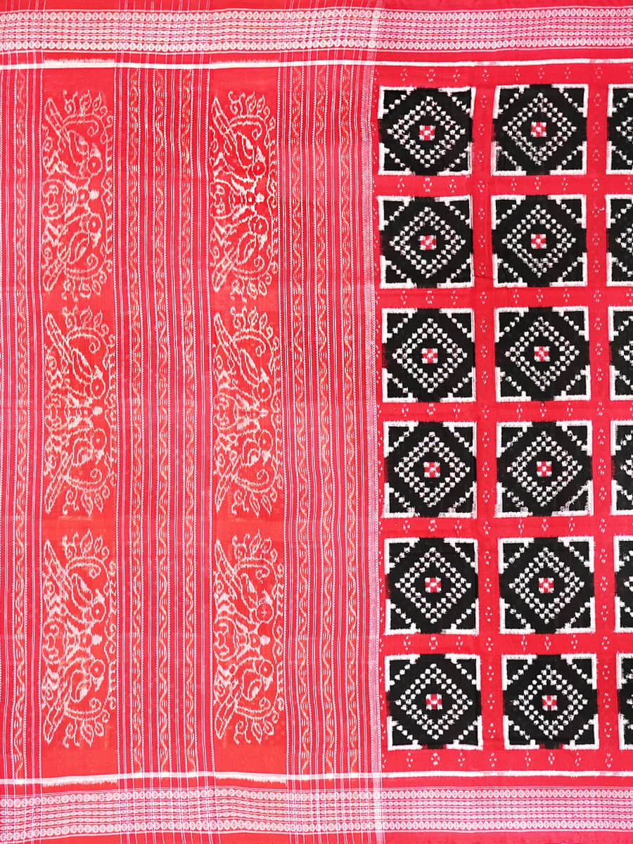 Red, Black, and White Sambalpuri Handwoven Cotton Saree 3