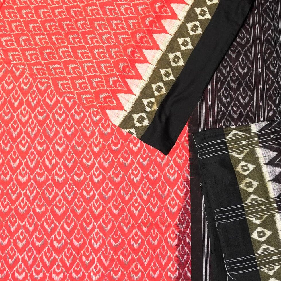 Red, Olive Green, and Black Sambalpuri Handwoven Cotton Saree 1