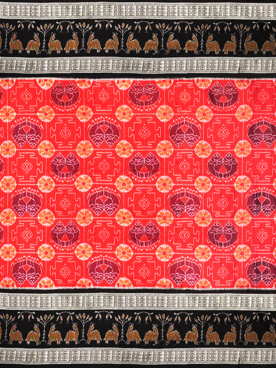 Red Orange and Black Sambalpuri Cotton Saree